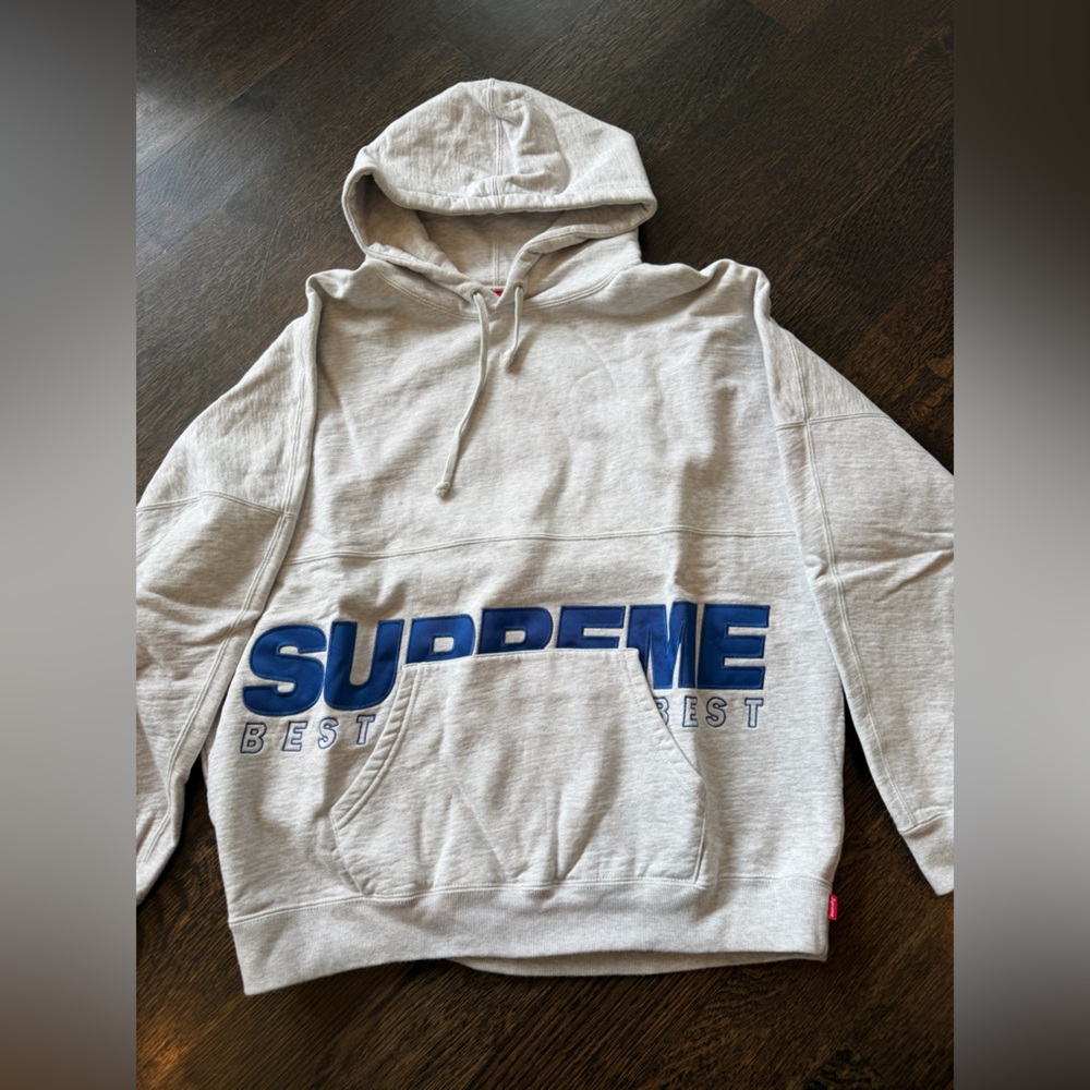 Supreme Light Gray Hoodie with Blue 'SUPREME' Embroidery